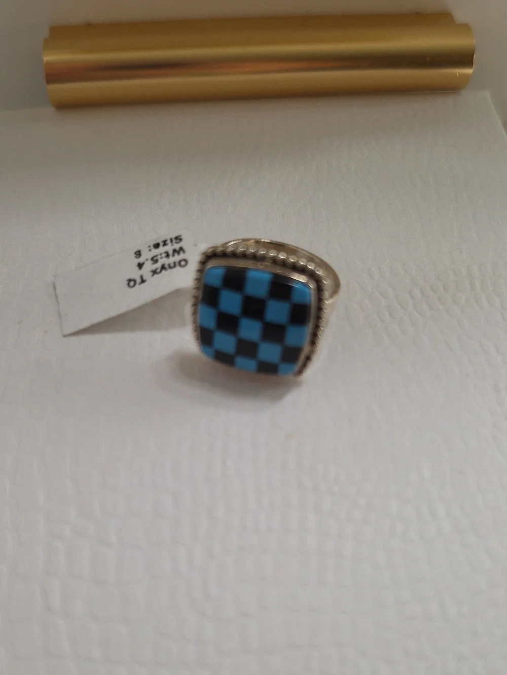 925 Sterling Silver Men's Checkerboard Inlay Ring Size 8